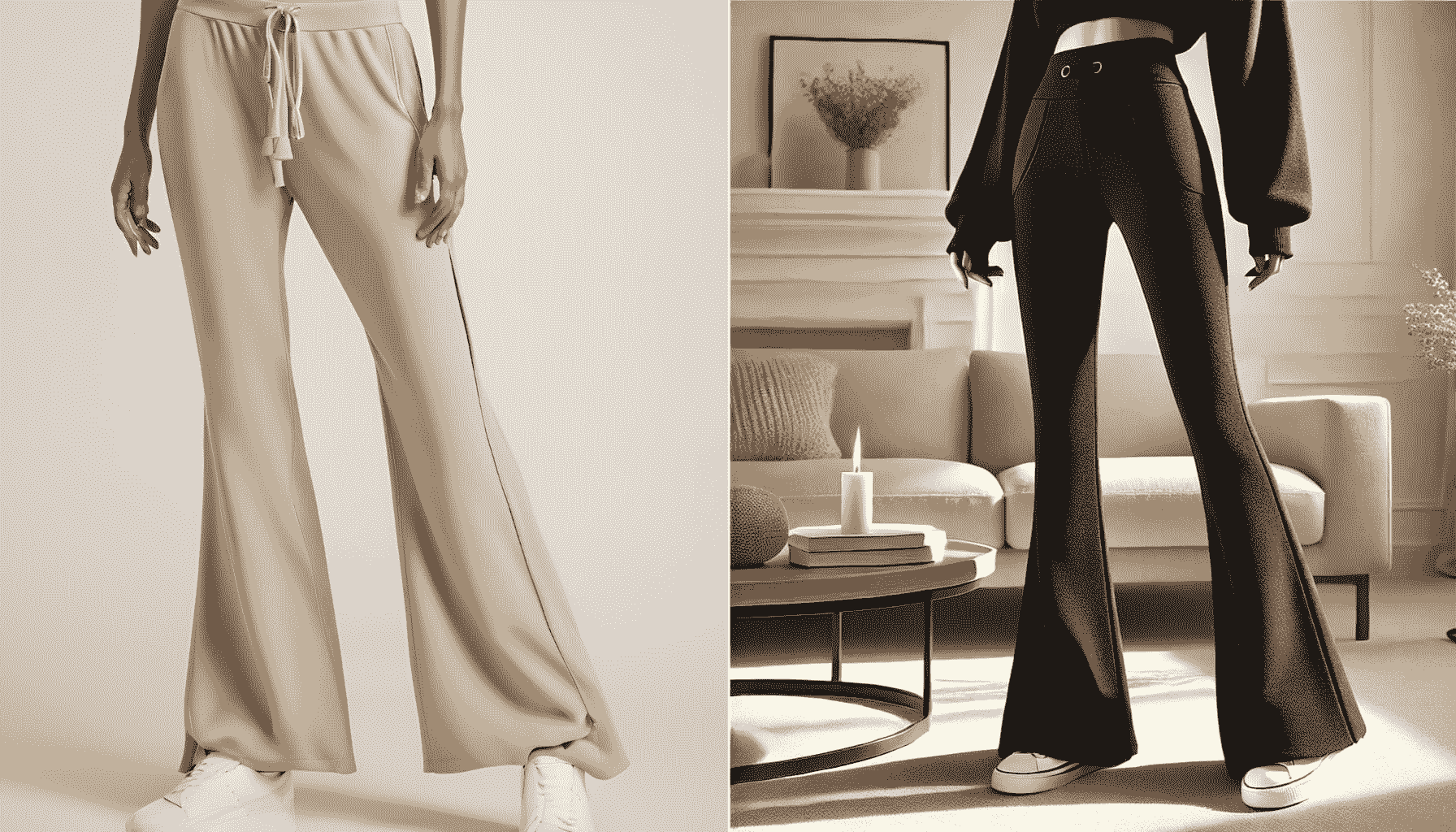 Beige flare sweatpants with a drawstring waist, stylish and comfy